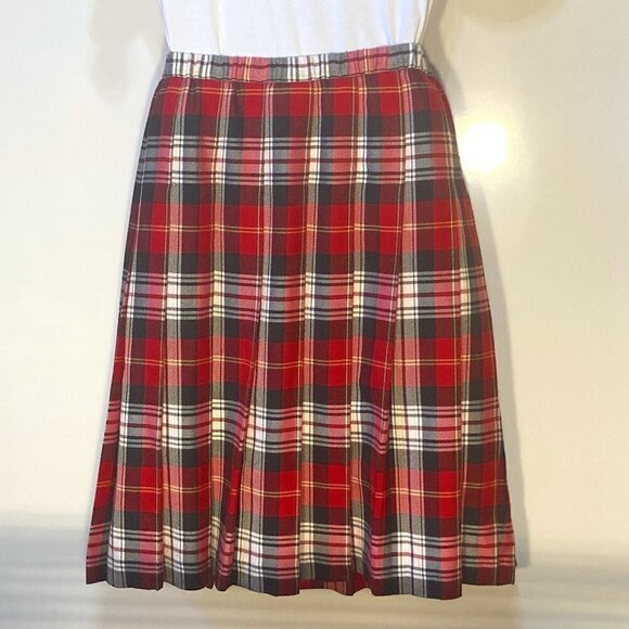 SZ 12P Red & Black plaid pleated midi skirt classic academia preppy - Picture 4 of 8